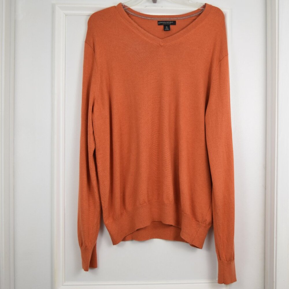 Banana Republic Luxury Blend Sweater Men XL V Neck Pullover Silk Cashmere Orange